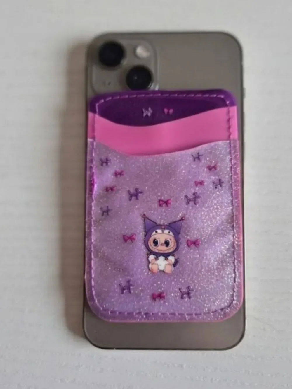 Purple glitter bows and balloon dogs phone wallet w/ 2 card slots